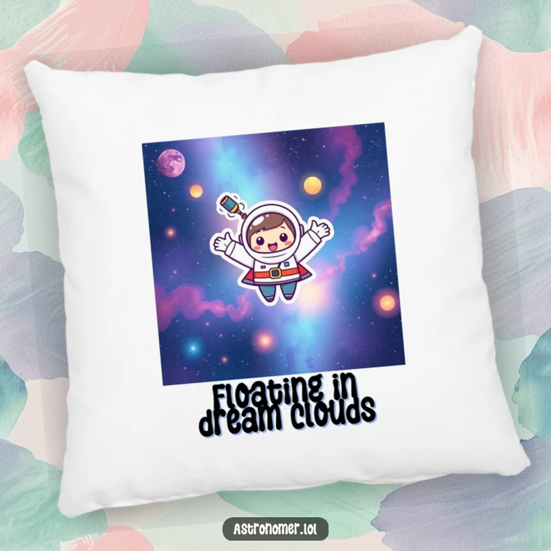 Funny Kawaii astronomer character humorously floating among colorful nebulae, offering joyful comfort on this pillow.