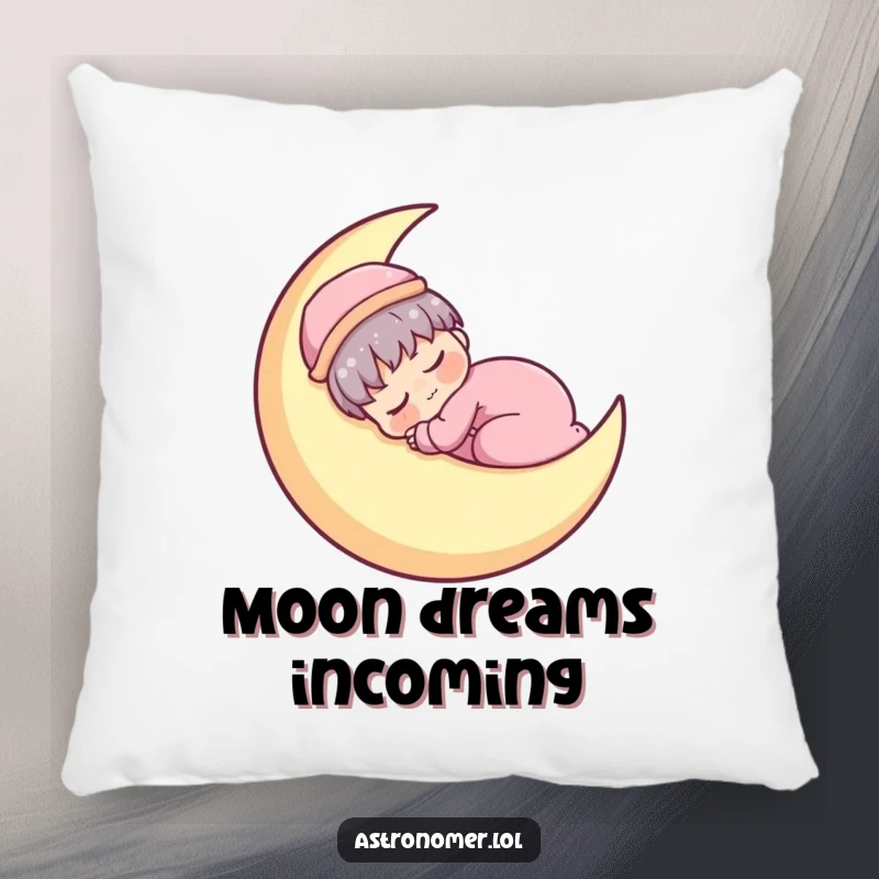 Funny Kawaii astronomer character humorously napping on a crescent moon, providing sleepy comfort on this pillow.