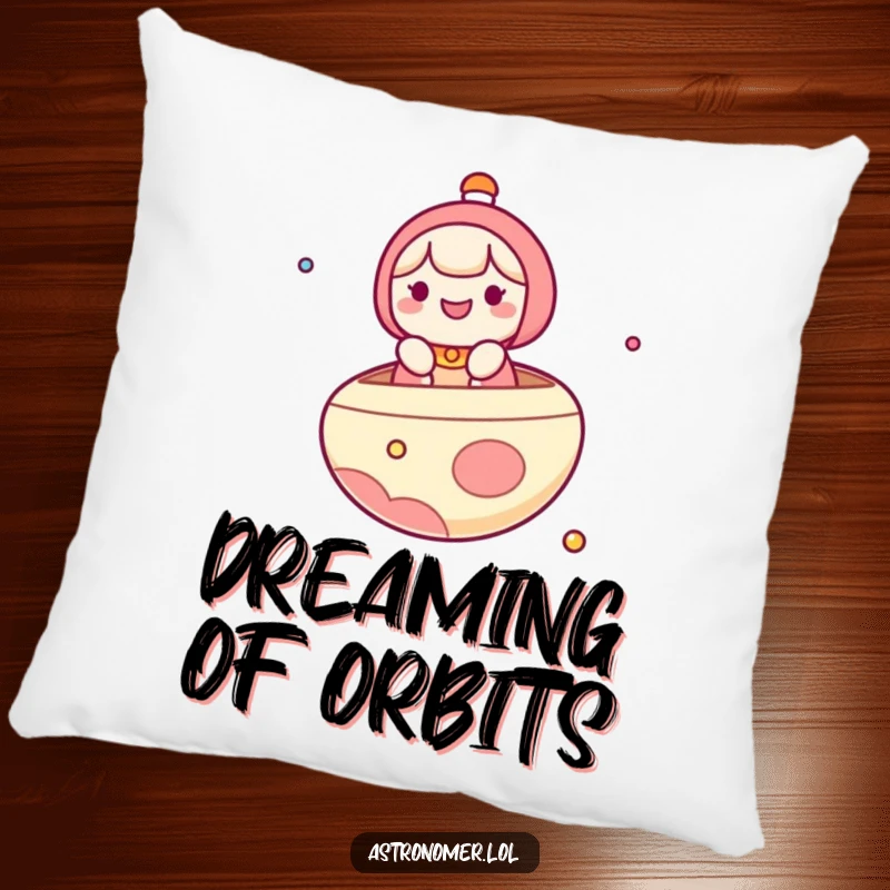 Funny Pillow: A cute kawaii character is depicted joyfully floating on a planet, serving as a whimsical boat in the universe.