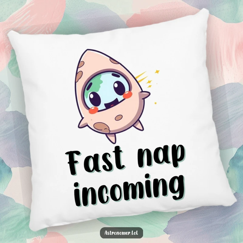 Funny surprised meteorite character with a mischievous grin, zooming past planet Earth, soft and humorous pillow.