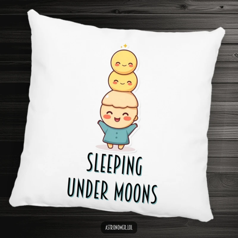 Funny Pillow: A happy character is depicted balancing a tall stack of moons on their head with a cheerful, stable pose.