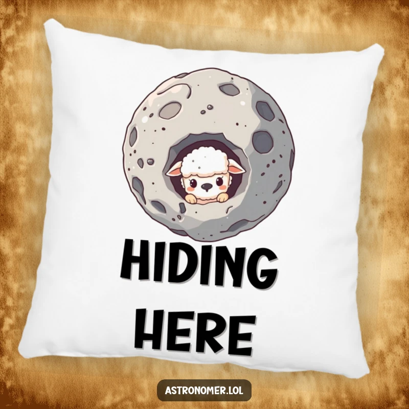 Funny pillow featuring a sheepish creature peeking from behind an asteroid, perfect for adding a humorous touch.