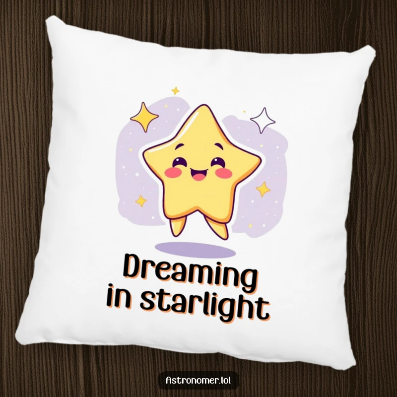 Funny Pillow: A smiling star character dances silly in the galaxy, offering comfort and stellar cheer.