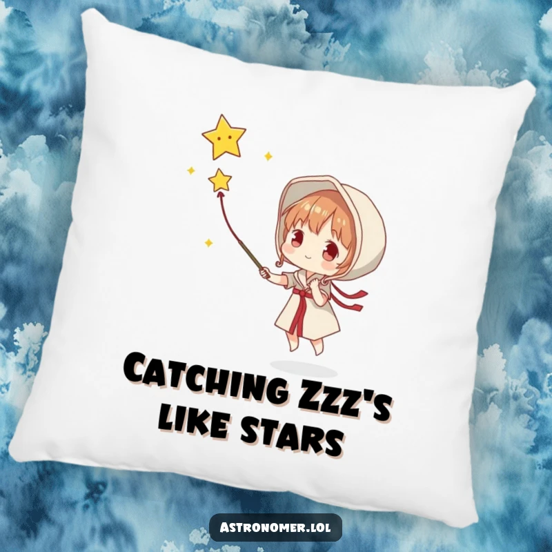 Funny pillow with a character attempting to catch a falling star with a net, designed for cozy contemplation of wishes.