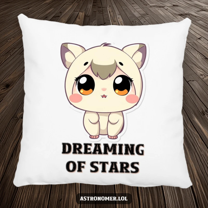 Funny Pillow showcasing a tiny character with massive, sparkling eyes, lost in the wonder of stargazing.
