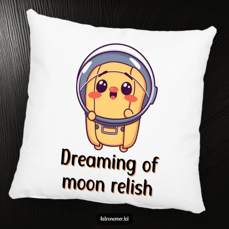 Funny surprised hot dog wearing a tiny astronaut helmet, soft and amusing space-themed pillow, decorative gag gift.