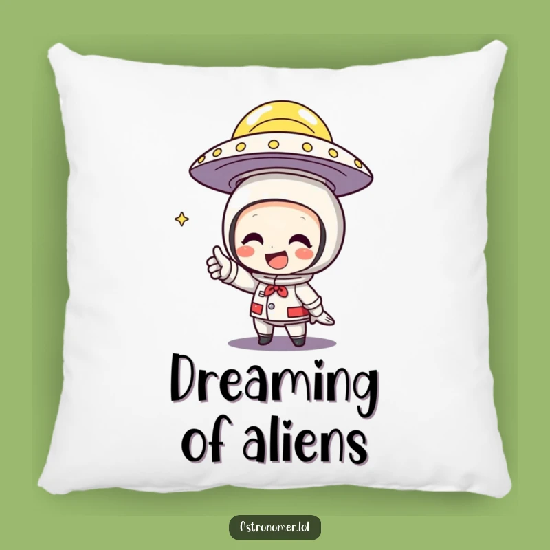 Funny UFO Pillow: Character Grins Pointing at Flying Saucer, Cozy Mystery Gift