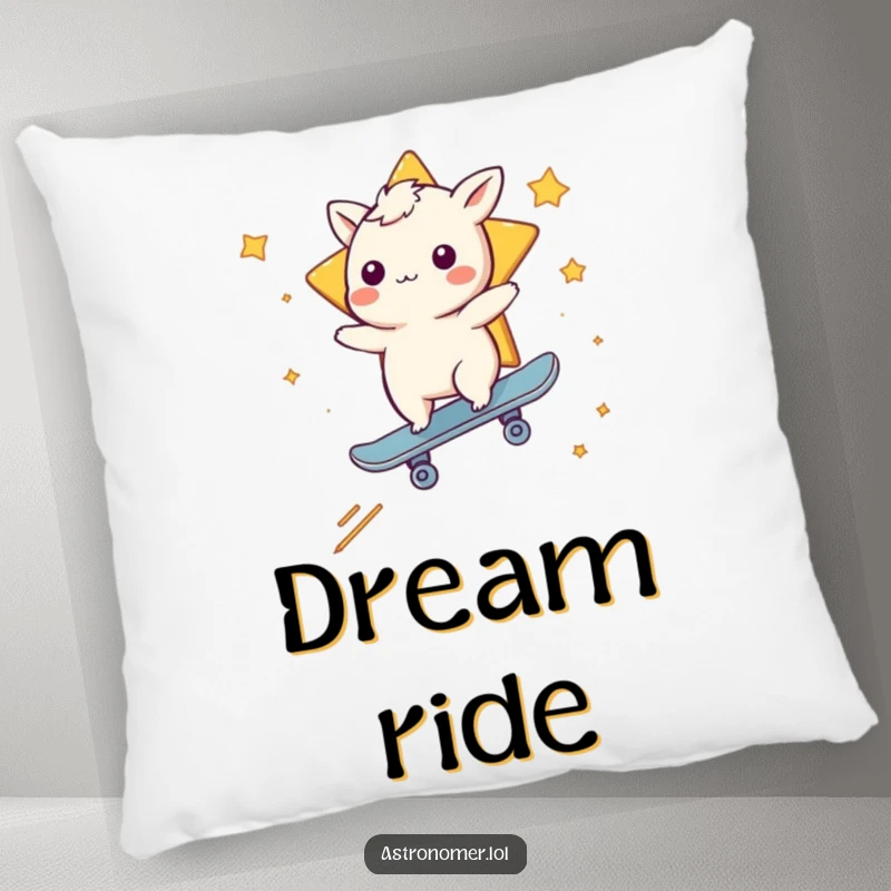 Funny pillow showing a whimsical creature skateboarding on a shooting star, perfect for adding a humorous touch to decor.