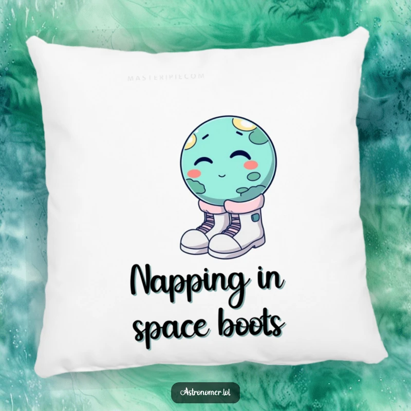 Funny winking planet trying to wear oversized moon boots, soft and amusing space-themed pillow, decorative gag gift.