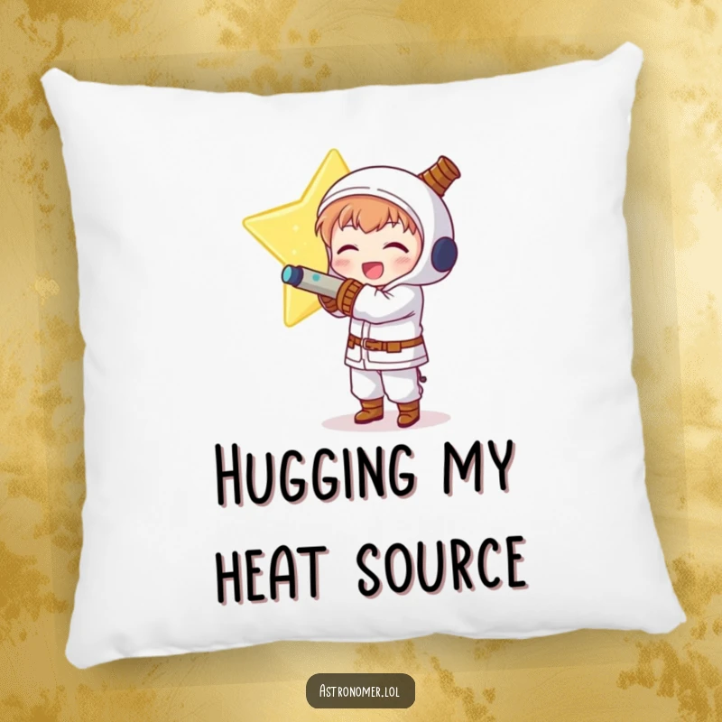 Funny Kawaii astronomer character humorously hugging a huge, glowing star, offering warm comfort on this pillow.