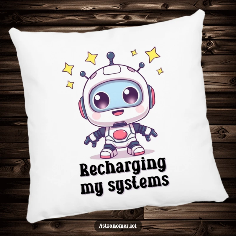 Funny Pillow: A happy robot with sparkling eyes looks up at the stars, offering comfort and wonder.