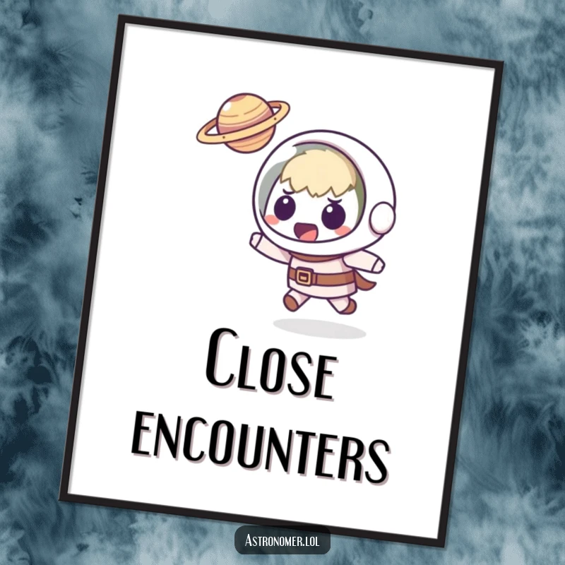 Funny Kawaii astronomer digital art print of a startled character comically dodging a tiny, flying planet, perfect for humorous wall decor.