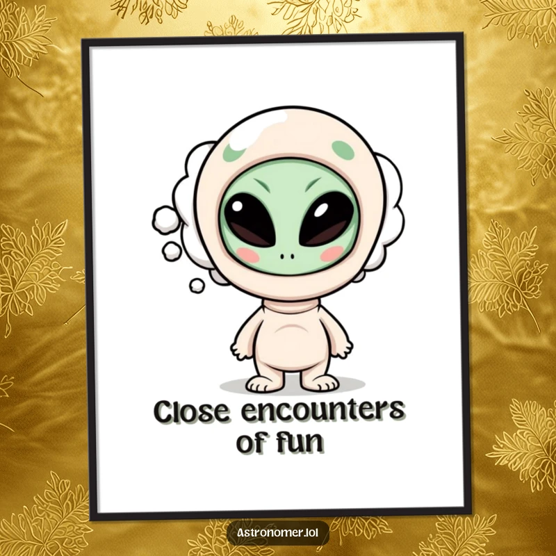 Funny digital art print of a curious character with a thought bubble containing a funny alien face, symbolizing humorous contemplation and curiosity.