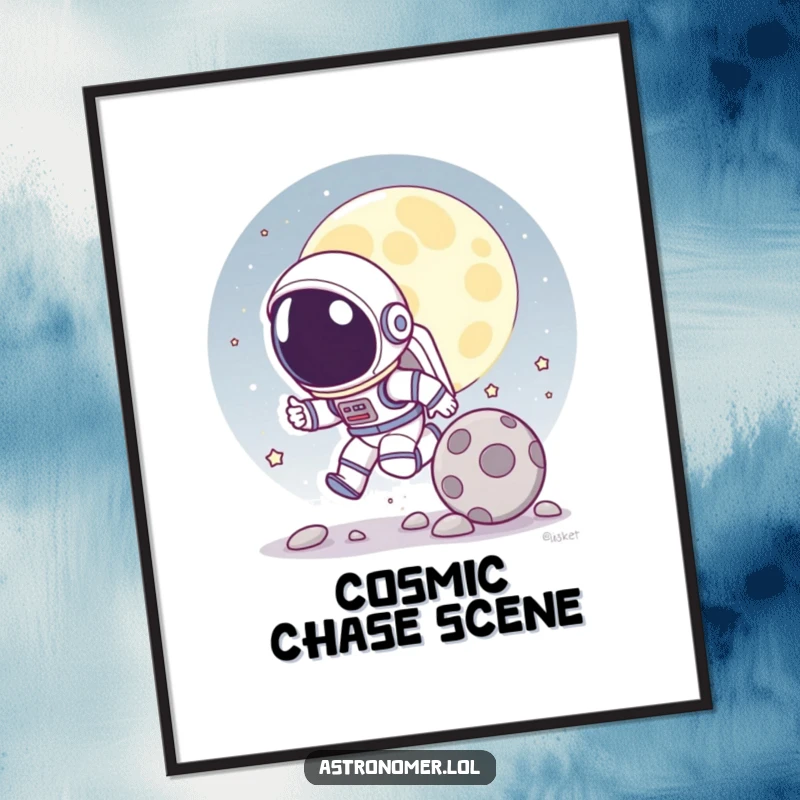 Funny digital art print of a cartoon astronaut playfully chasing a rolling moon rock, a downloadable piece of lunar humor.