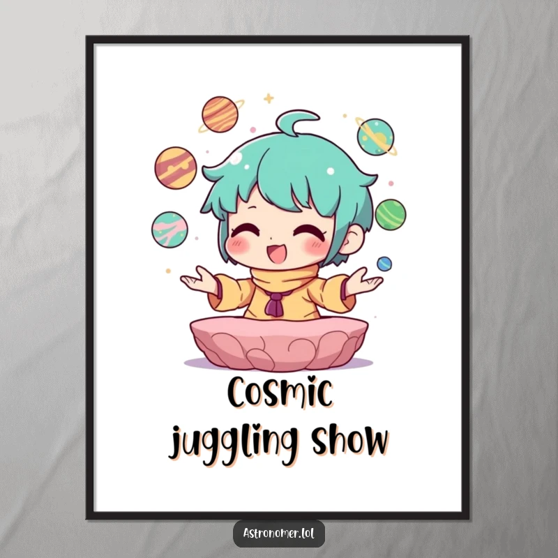 Funny Digital Art Print of a character joyfully juggling small planets, radiating happiness and cosmic balance.
