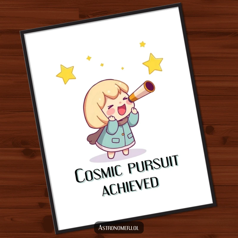 Funny Digital Art: A character with a telescope giggles while excitedly chasing a bright shooting star across a starry night sky.