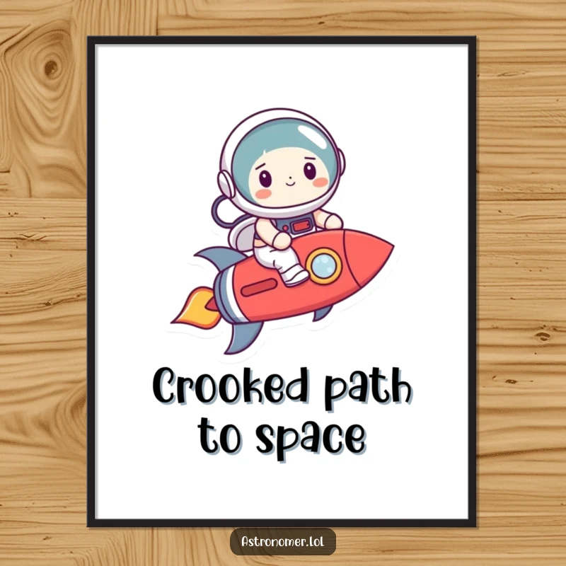 Funny smiling astronaut precariously riding a crooked rocket, humorous digital art print for wall decor.