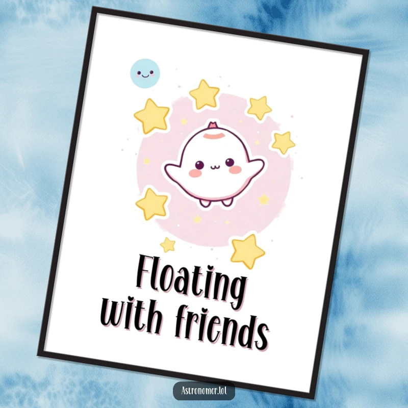 Funny Digital Art Print: A cute character floats contentedly in space, embraced by a cheerful gathering of cartoon stars.