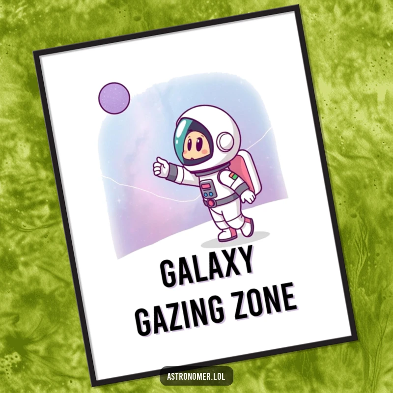 Funny digital art print of a cartoon astronaut excitedly pointing at a distant galaxy, a downloadable piece of cosmic art.