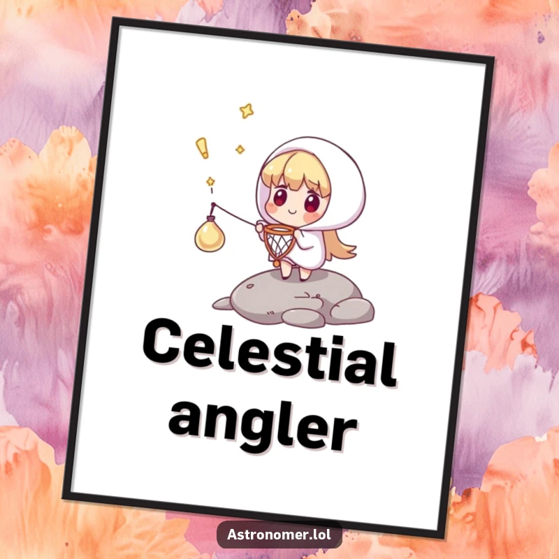 Funny digital art print showing a character catching a falling comet with a tiny net, perfect for humorous and celestial wall decor.