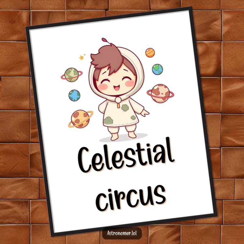 Funny Digital Art Print: Cute character smiles while playfully juggling miniature planets, symbolizing skill, balance, and cosmic fun.