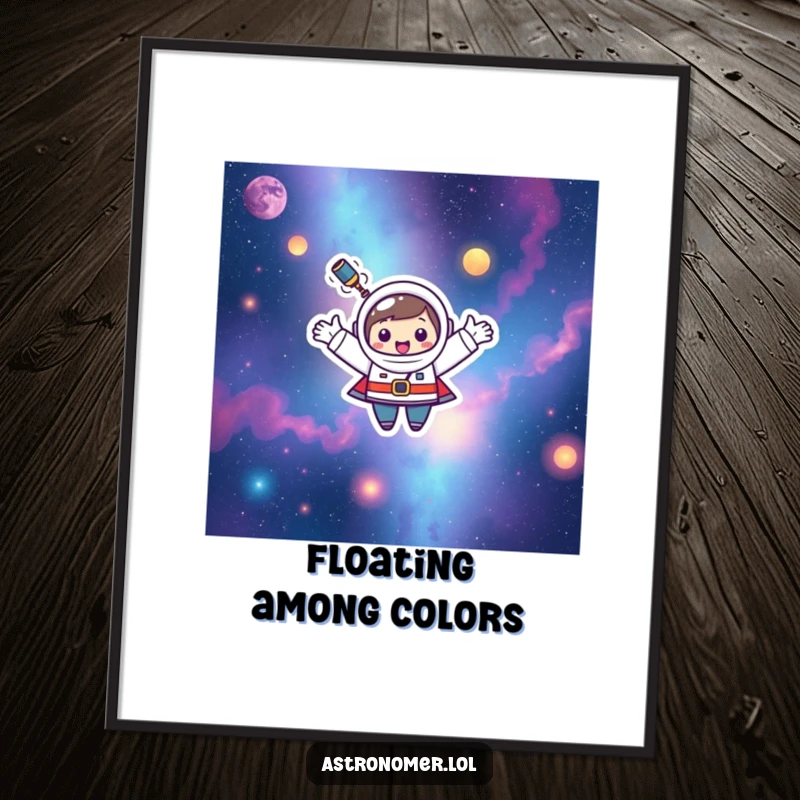 Funny Kawaii astronomer character humorously floating among colorful nebulae, a joyful digital art print.