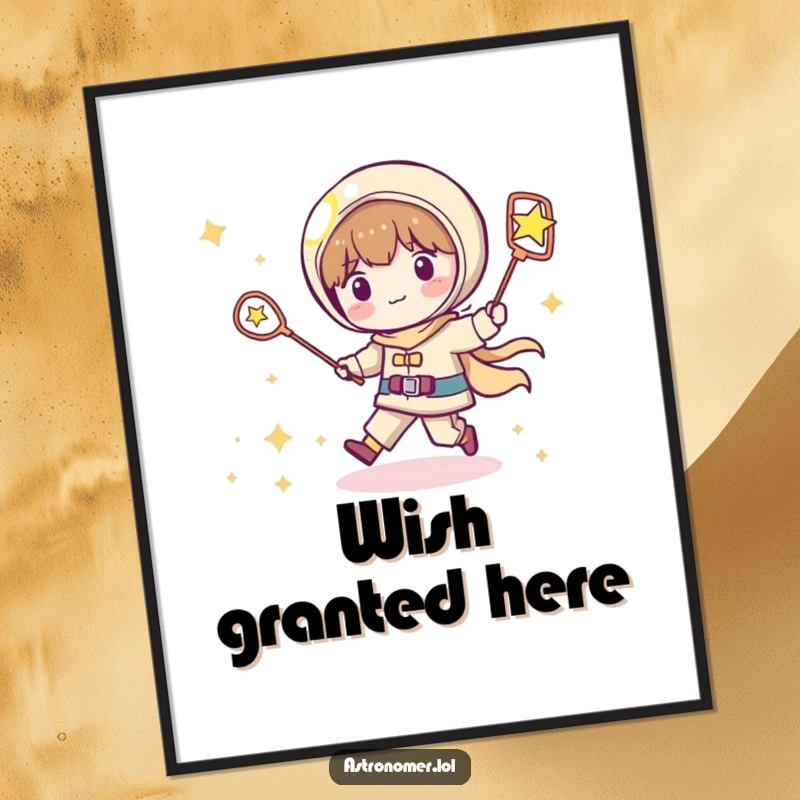 Funny Kawaii astronomer digital art print of a playful character chasing a shooting star with a net, perfect for humorous wall decor.