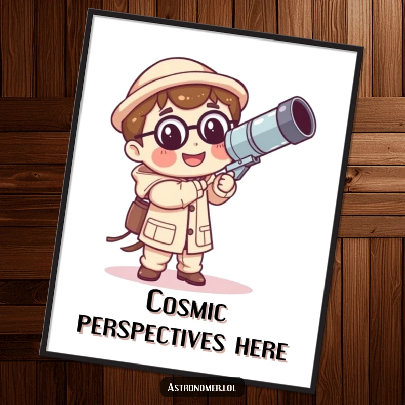 Funny Kawaii astronomer digital art print of a smiling character holding a giant, unstable telescope, perfect for humorous wall decor.