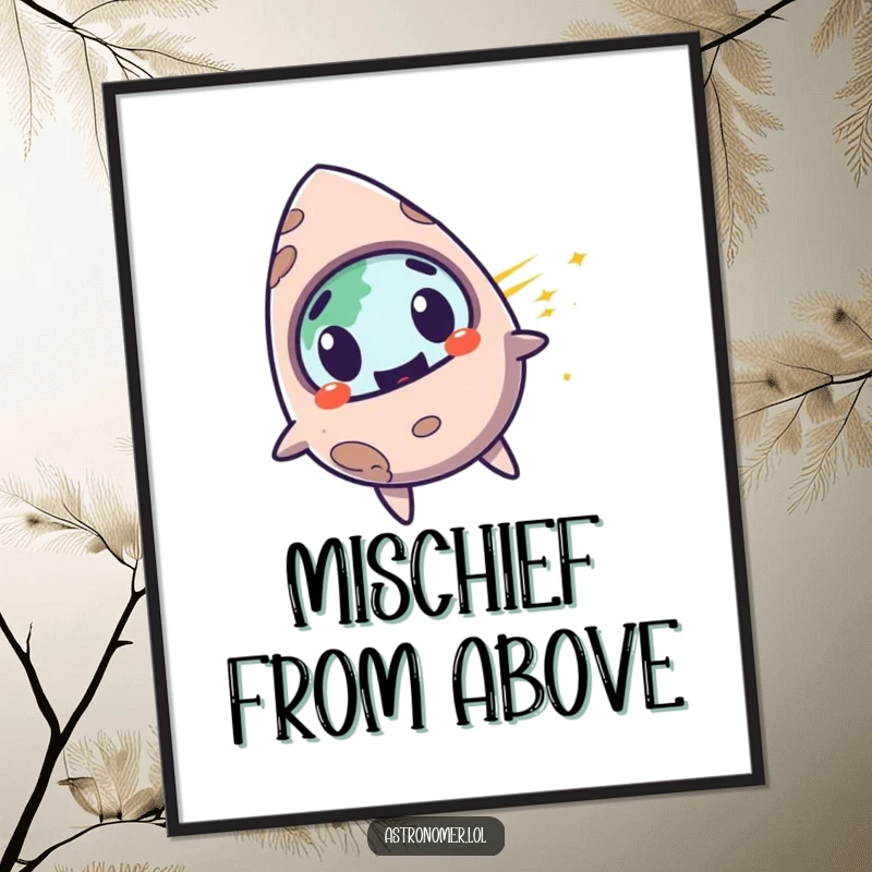 Funny surprised meteorite with a mischievous grin, zooming past planet Earth, humorous digital art print.