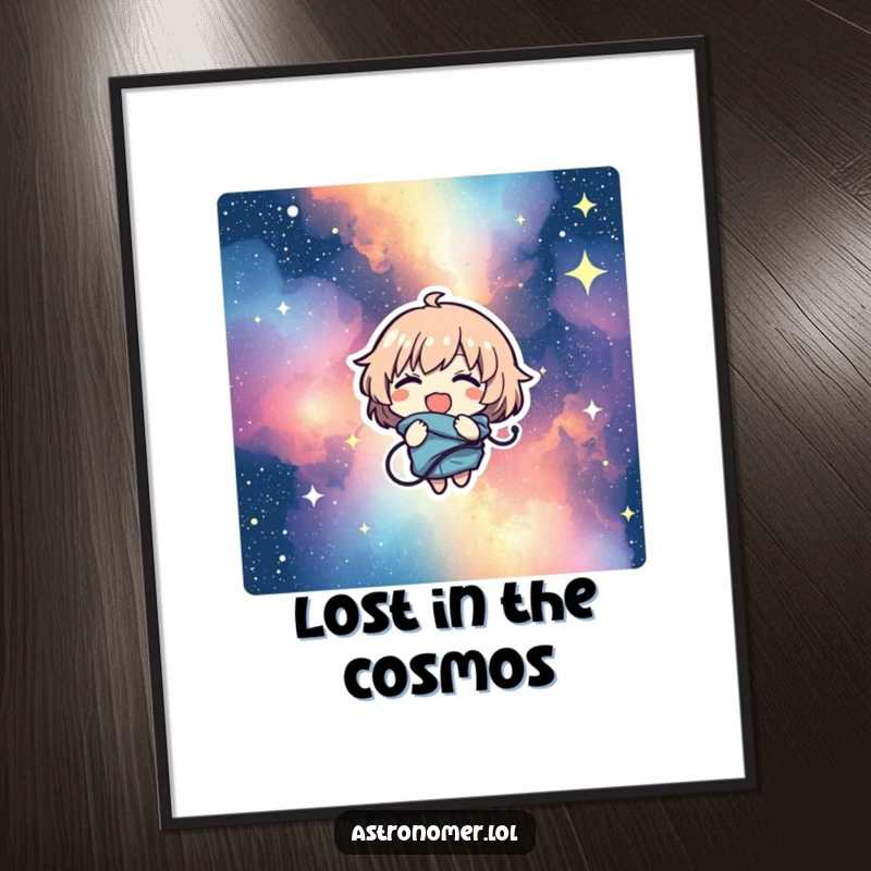 Funny digital art print of a character comically tangled in a swirling starry nebula, captured mid-giggle in vibrant cosmic hues.