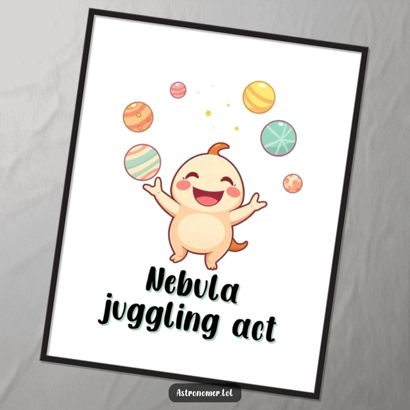 Funny digital art print of a smiling creature juggling planets, offering instant decorative charm and interstellar amusement.