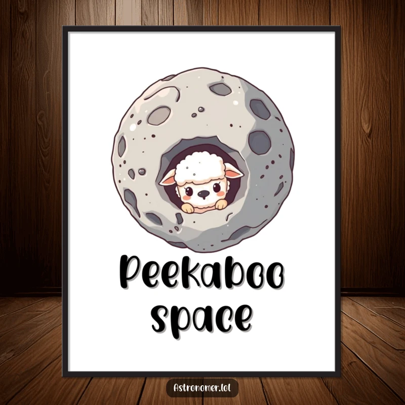 Funny digital art print of a sheepish creature peeking from behind an asteroid, ideal for humorous, shy wall art.