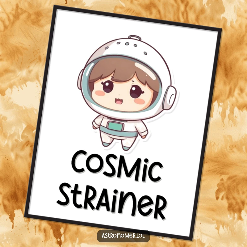 Funny Digital Art Print: Cute character looks amused wearing a colander as a space helmet, symbolizing resourceful and humorous space exploration.