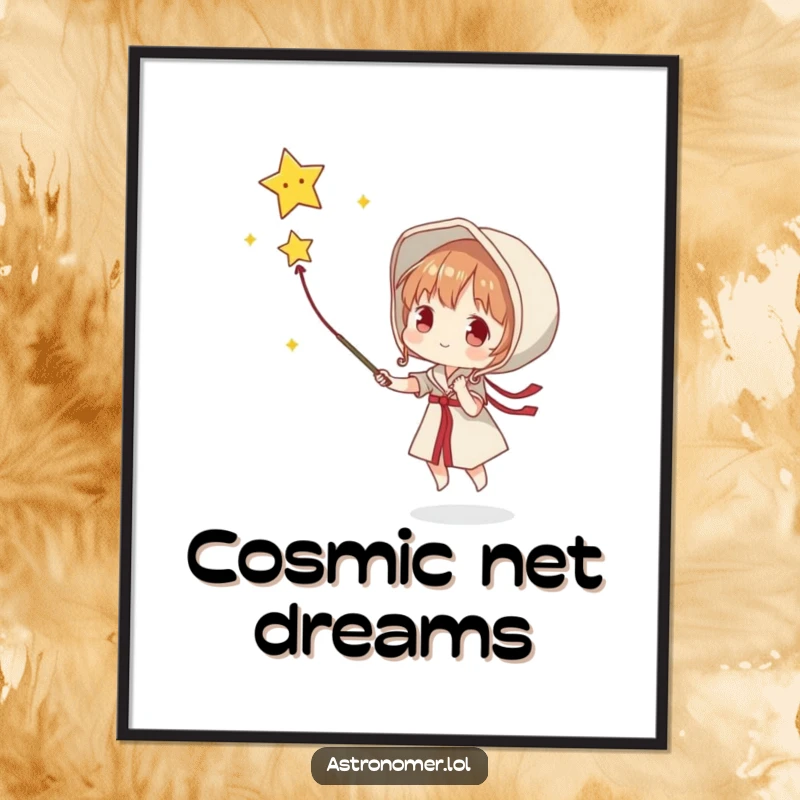 Funny digital art print of a character attempting to catch a falling star with a net, conveying a sense of hopeful wonder.