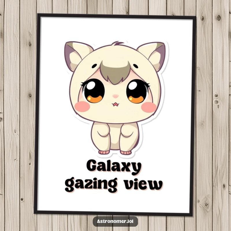 Funny Digital Art Print of a tiny character with comically large, delighted eyes, mesmerized by the stars.