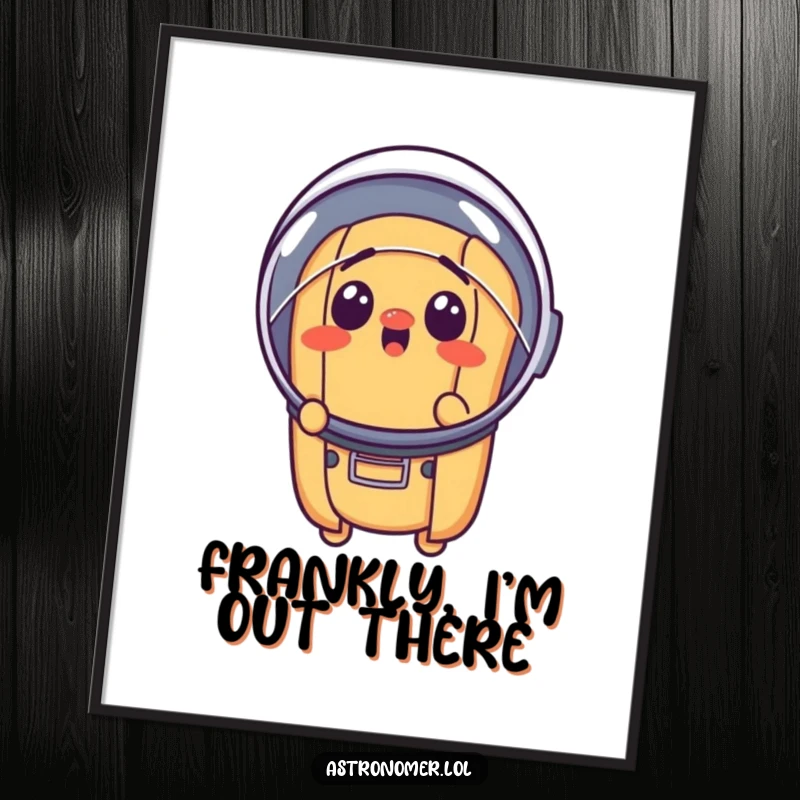 Funny surprised hot dog wearing a tiny astronaut helmet, humorous digital space art print, instant download decor.