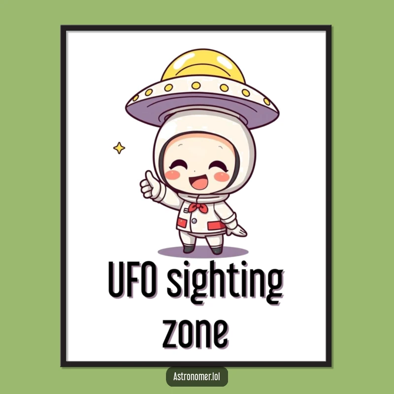 Funny UFO Digital Art: Character Points at Flying Saucer, Instant Space Decor Gift