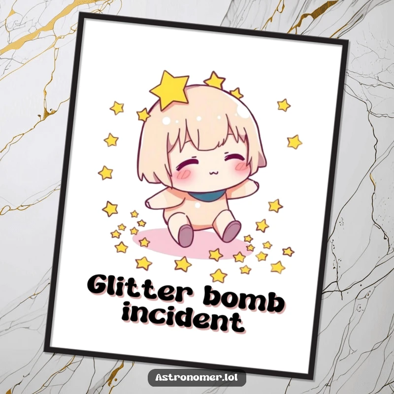 Funny digital art print showing a character tripping and dropping stars, a humorous and celestial decoration for any space.