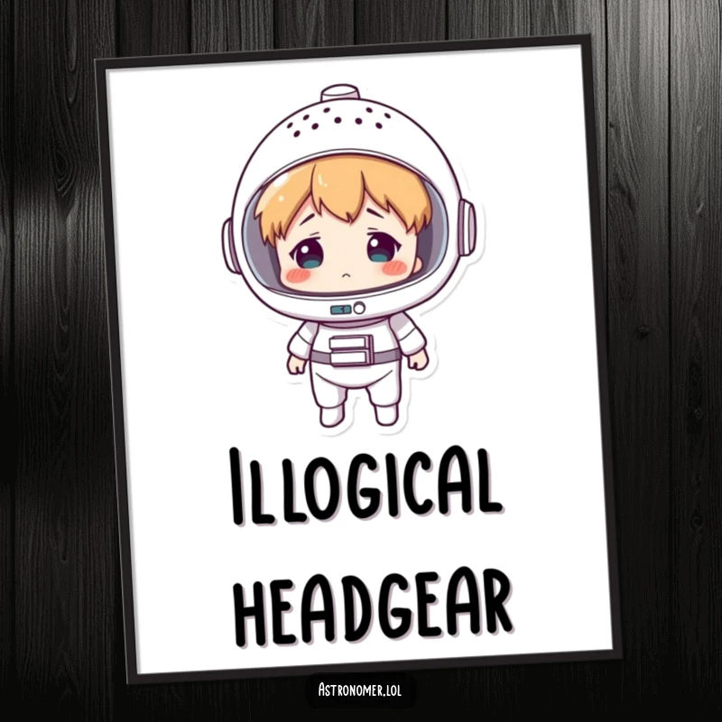 Funny digital art print of a character wearing a colander as a space helmet, looking hilariously confused about their interstellar journey.