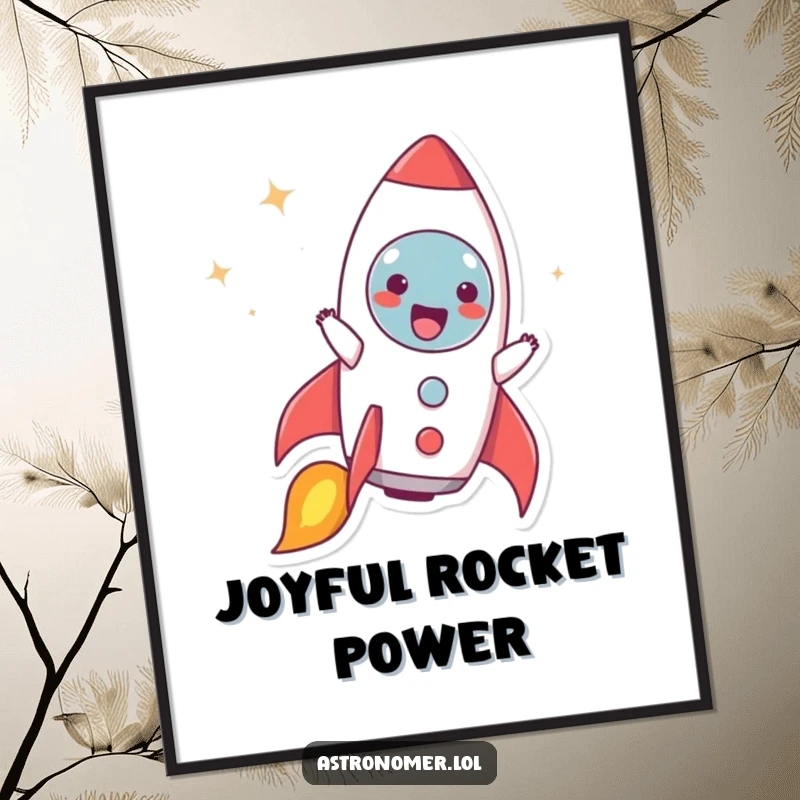Funny digital art print of a character joyfully pretending to be a rocket ship blasting off, captured mid-flight with radiant energy.