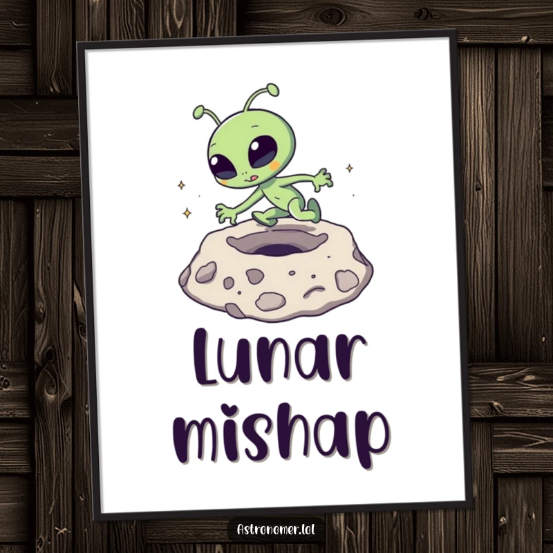 Funny Digital Art Print: A goofy alien comically tripping over a moon crater, bringing humor to decor.