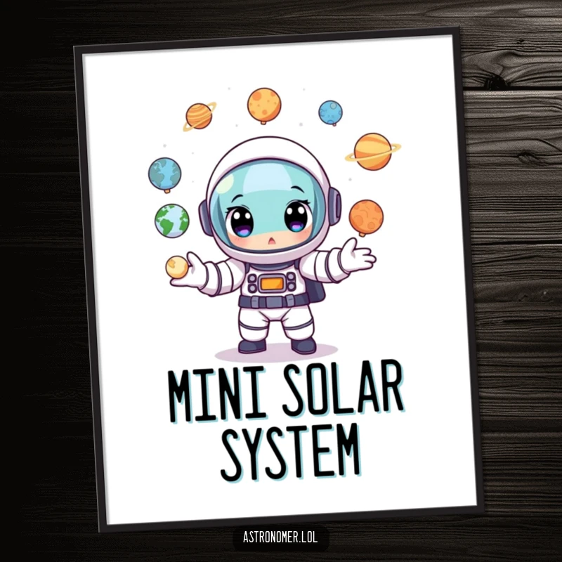Funny Astronaut Digital Art Print: A cartoon astronaut with wide eyes skillfully juggling tiny planet models, a display of cosmic mastery.