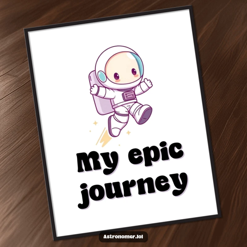 Funny Digital Art Print: A cute character wearing oversized astronaut boots executes a comically large and impactful giant leap.