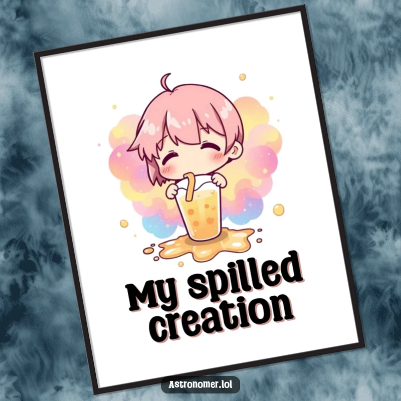 Funny digital art print of a spilled drink that has artistically formed a breathtaking nebulae pattern, bringing cosmic beauty.