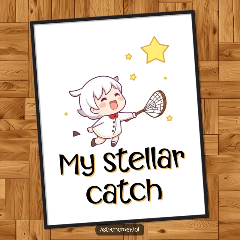 Funny digital art print of a gleeful character enthusiastically chasing a shooting star with a net, bringing instant cheer.