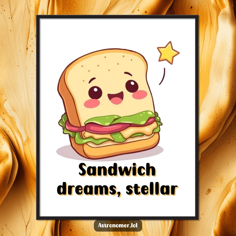 Funny cheerful sandwich attempting to catch a falling star, whimsical digital food art print, instant download decor.
