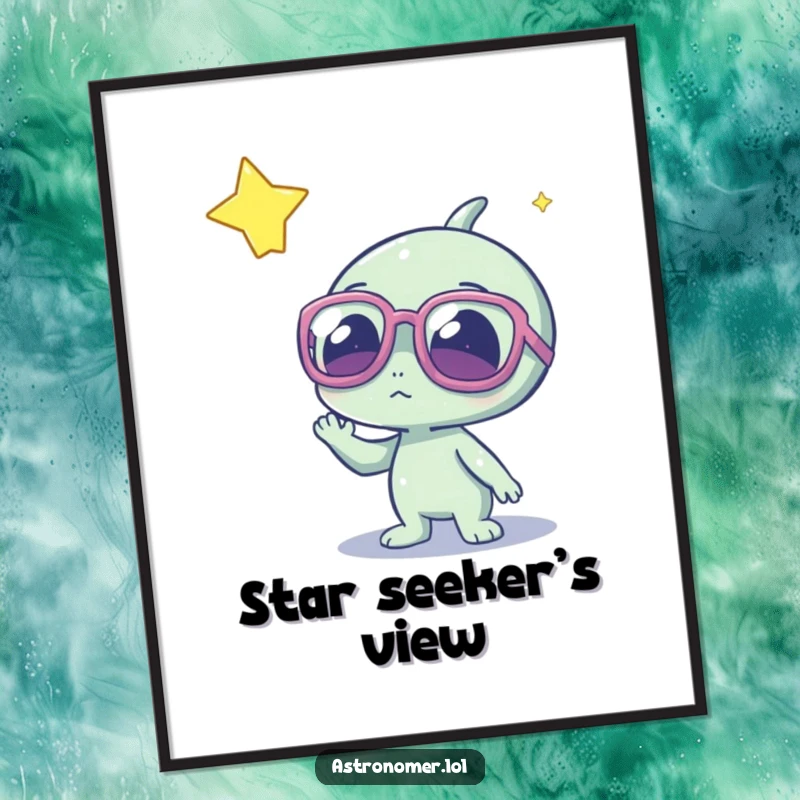 Funny cute alien character in large glasses, peering at a glowing star, printable sci-fi art for instant decor.