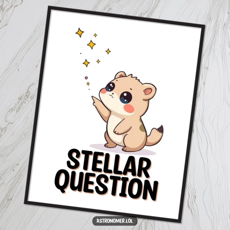 Funny digital art print of a curious creature pointing at celestial bodies, ideal for humorous, cosmic-themed home decor.