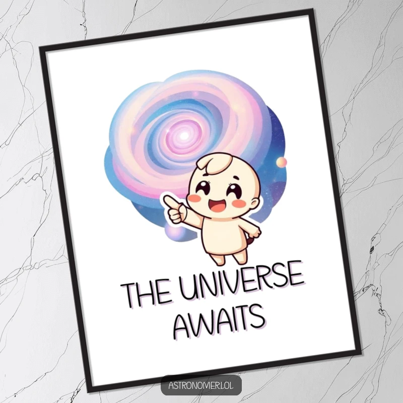 Funny digital art print of a smiling character pointing exuberantly at a vivid, swirling galaxy, perfect for wall decor.