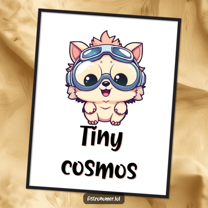 Funny digital art print of a delighted creature wearing oversized goggles, mesmerized by a tiny galaxy, perfect decor.
